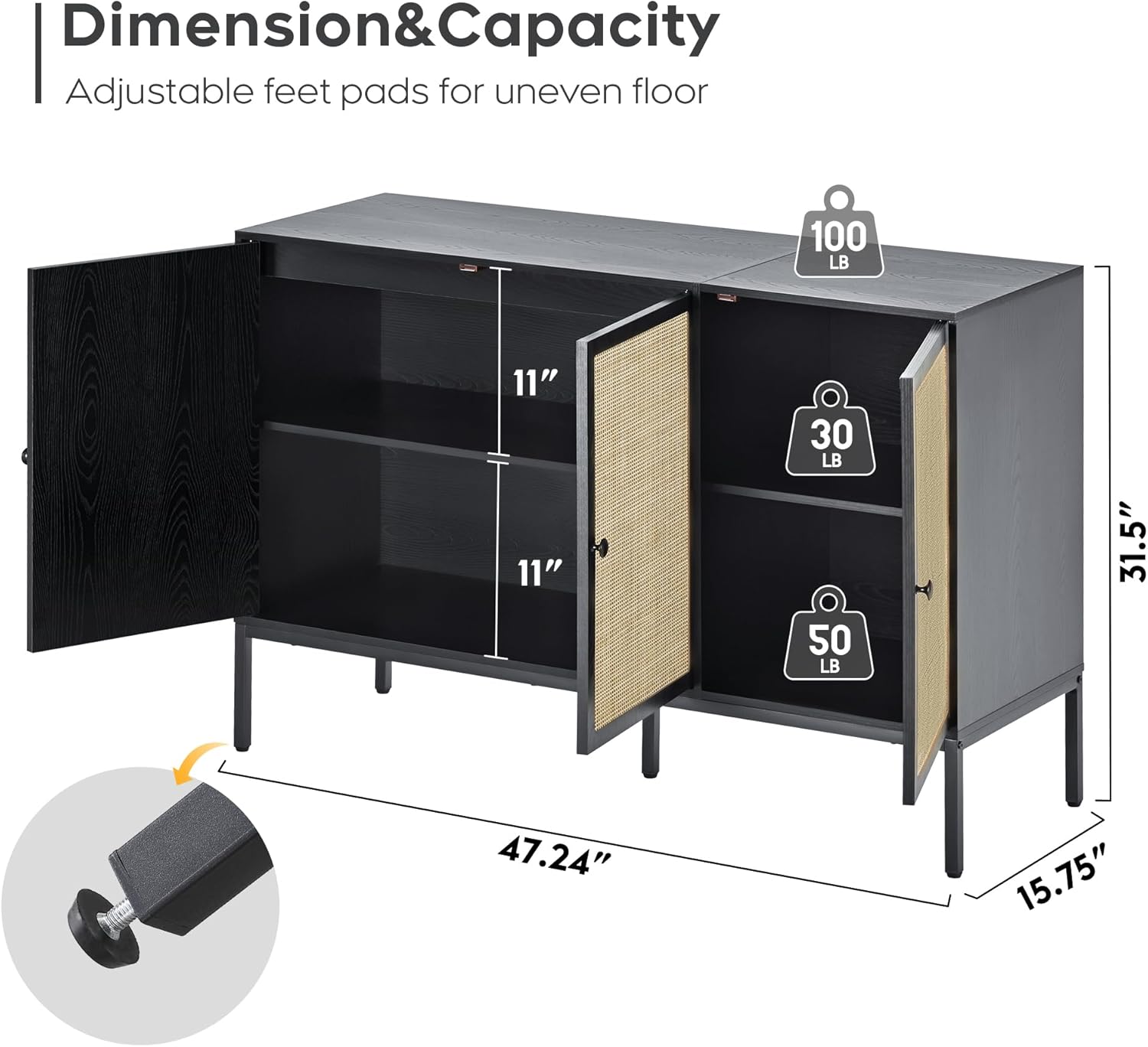 Brafab Mueble de ratán para almacenamiento, mesa de buffet, consola para sala de estar, entrada, cocina, comedor, 3 puertas, color negro
