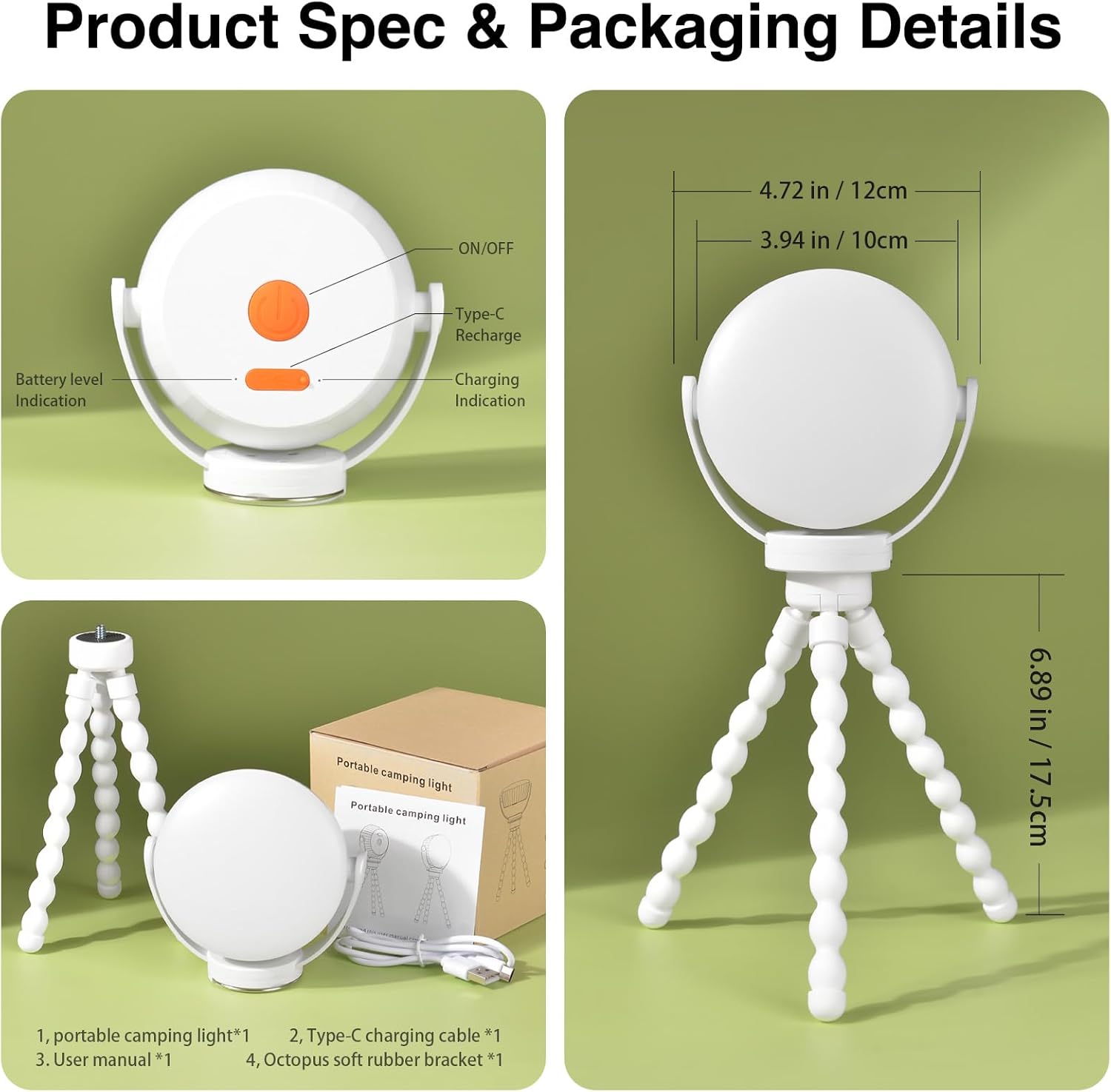 Linterna de camping portátil recargable, trípode flexible con clip en luces de campamento con IP65 impermeable para tienda de campaña, linterna