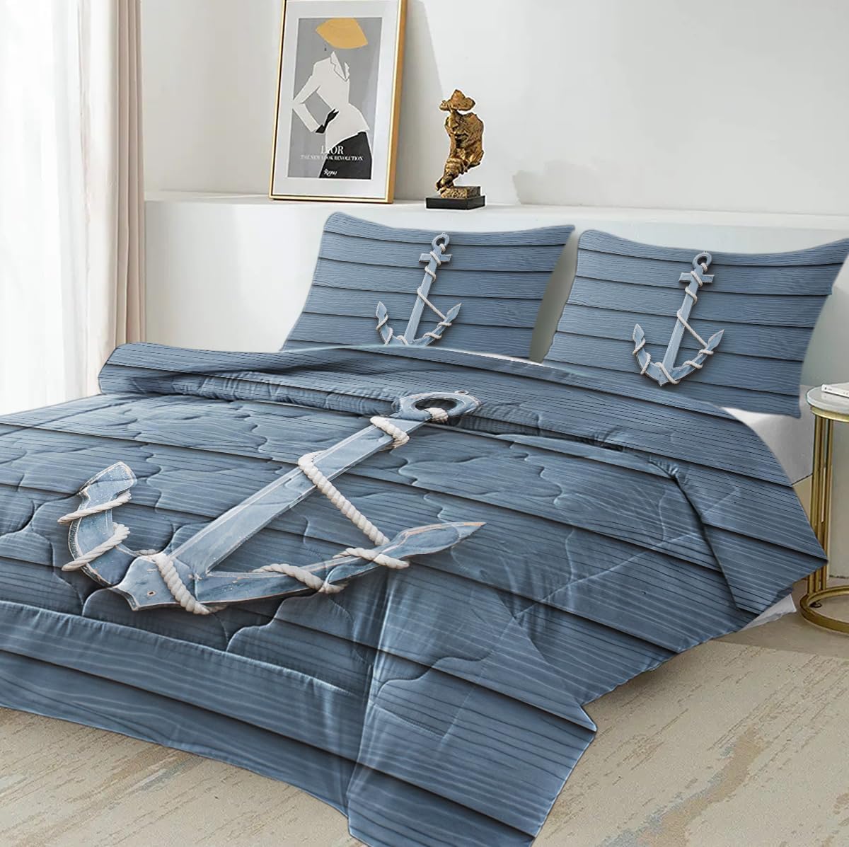 DECOVOGUE Anchor – Juego de edredón náutico para niños y niños, 3 piezas, juego de ropa de cama de playa azul vintage, juego de ropa de cama de