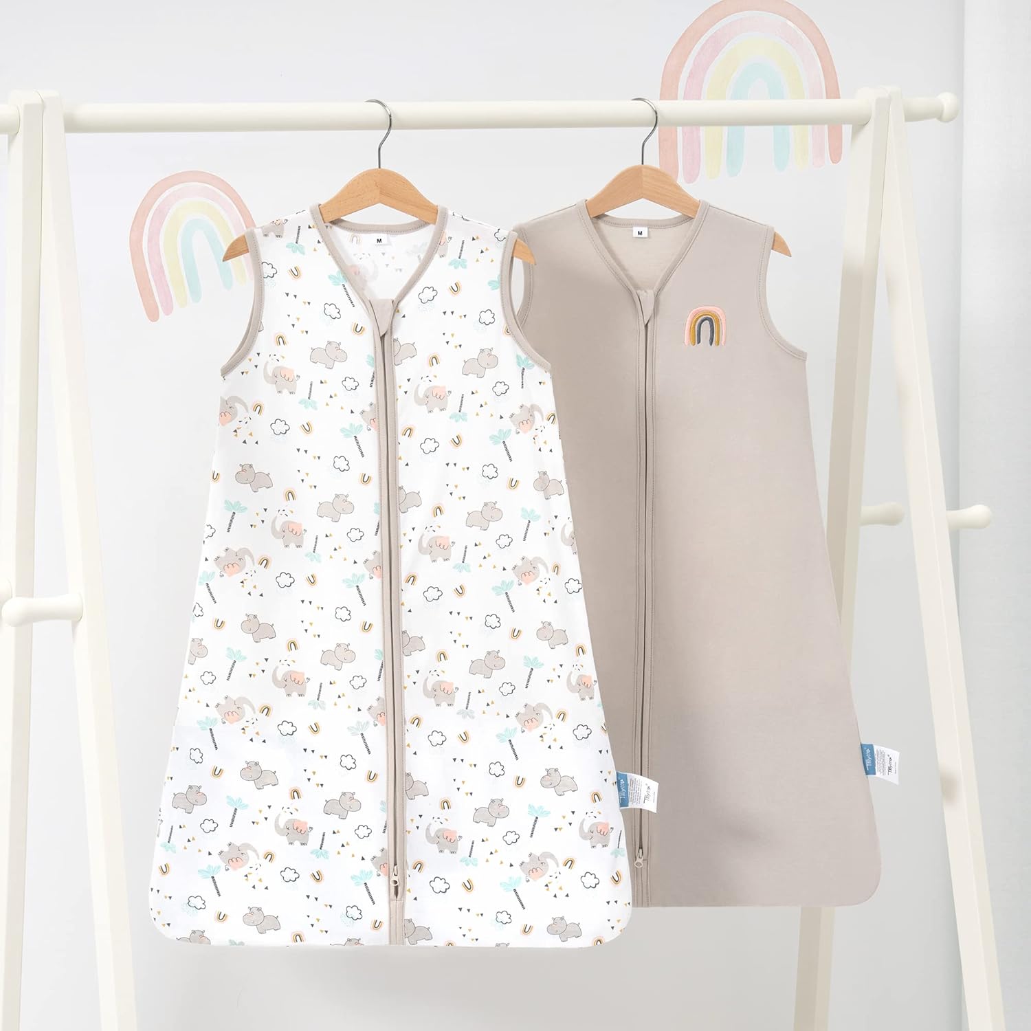 TILLYOU Saco de dormir – Paquete de 2 mantas para bebé con cremallera de 2 vías, saco de dormir extrasuave de algodón sin mangas para bebés, 12-18