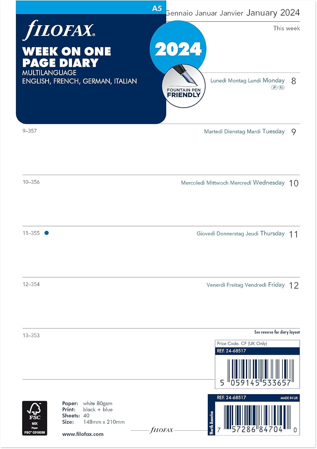 Filofax Recambio de diario para calendario, tamaño A5, semana en una página, libro blanco, sin rayas, multilingüe cuatro idiomas, 2024 (C68517-24)
