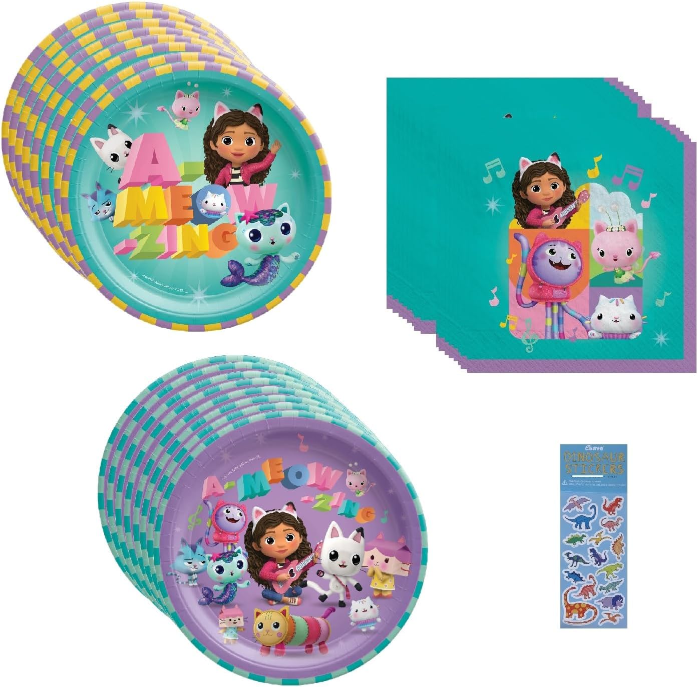 El paquete de suministros para fiesta de cumpleaños de Gabby’s Dollhouse incluye 8 platos de pastel de postre, 8 platos de almuerzo, 16 servilletas,