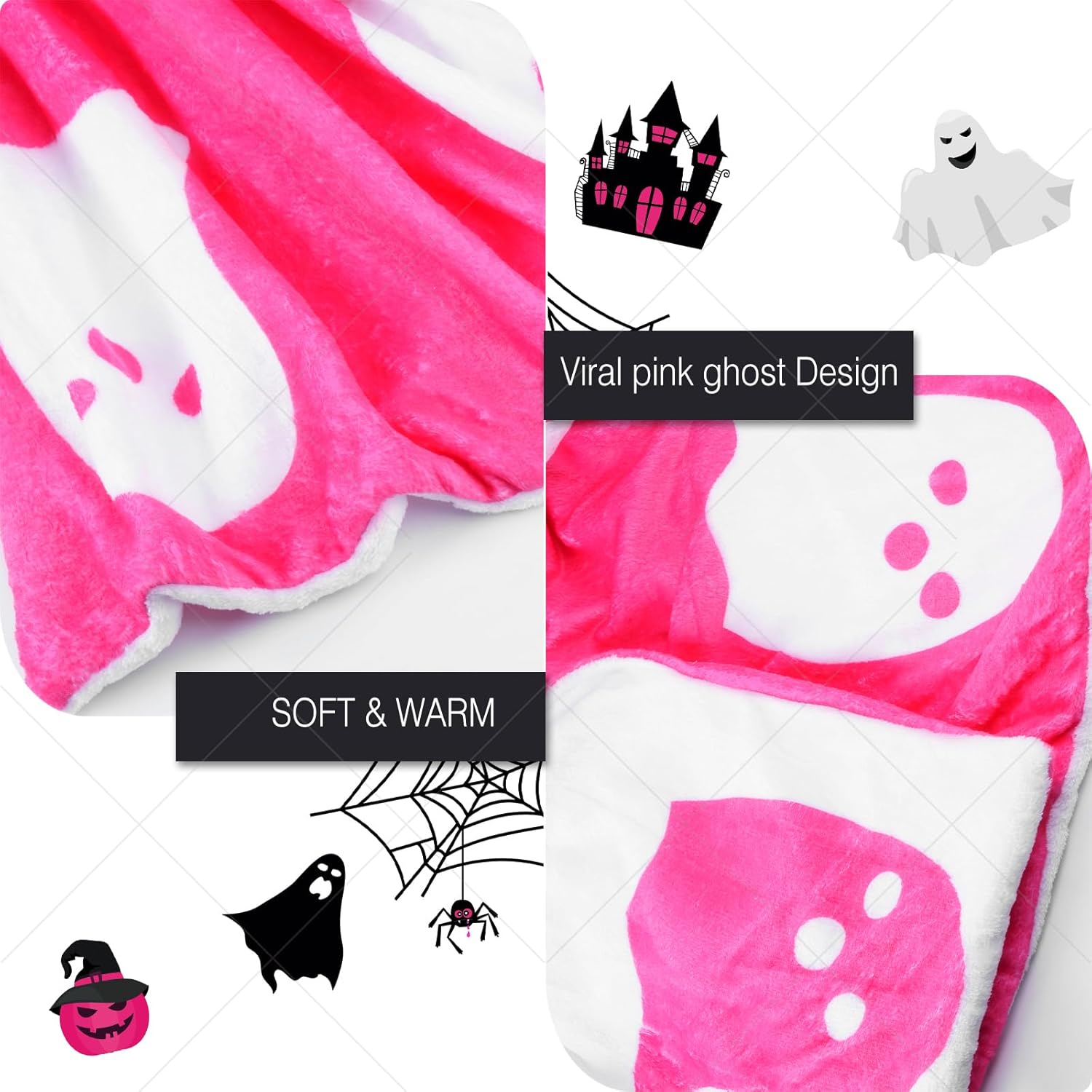 Manta de franela con fantasma rosa viral de Halloween 2023, reversible, súper suave para todas las estaciones, manta de felpa kawaii linda manta
