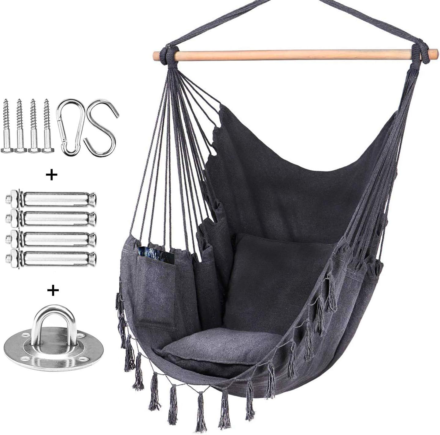 Hamaca colgante de cuerda para interiores con capacidad máxima de 330 libras con 2 cojines y bolsillo lateral grande para mayor comodidad con juego