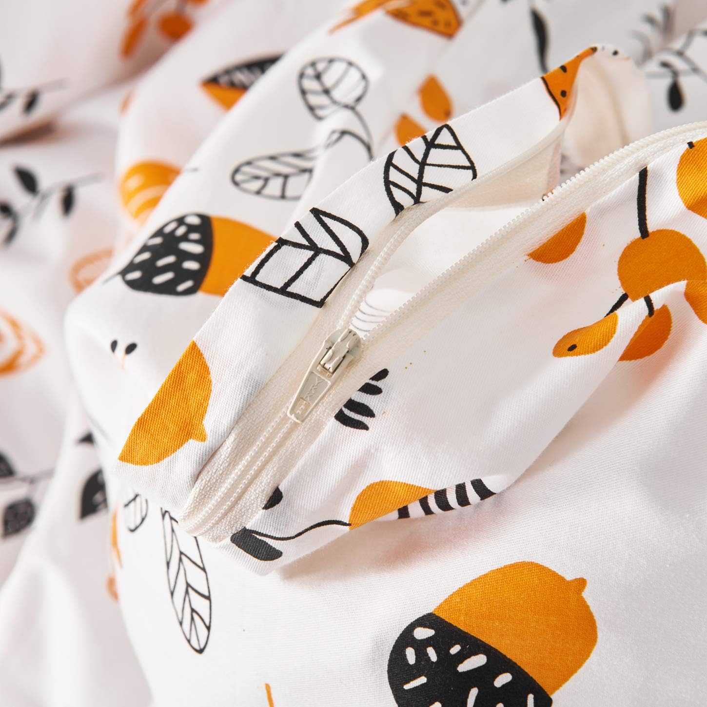 YuHeGuoJi Juego de funda de edredón floral negro y blanco tamaño Queen, 100% algodón, funda de edredón botánica naranja, juego de 3 piezas, 1 funda