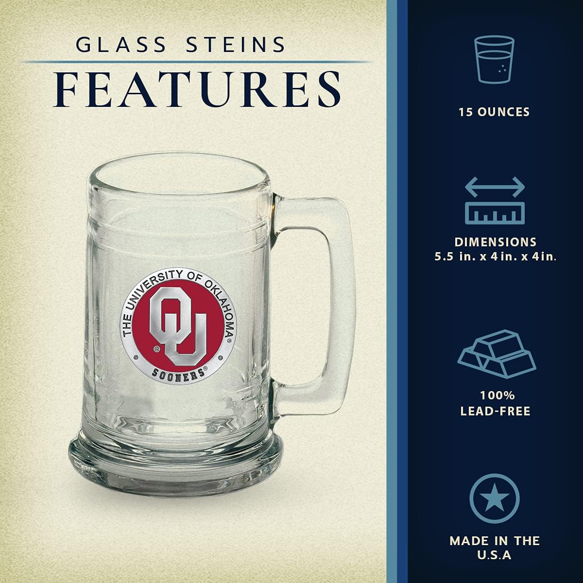 Vaso de cerveza Oklahoma  Vaso de cerveza de estilo alemán de 15 onzas  Incrustación de metal Alma Mater de peltre intrincadamente elaborada