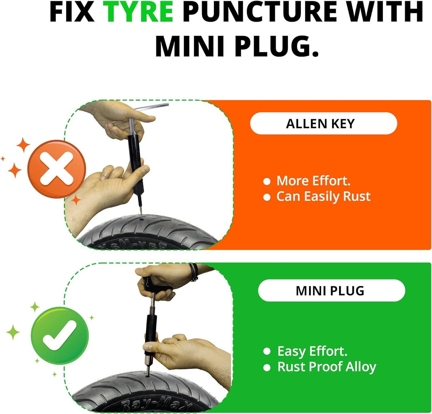 GRAND PITSTOP Kit de reparación de pinchazos de neumáticos con alicates plegables multifuncionales compatible para automóvil, motocicleta, camión,