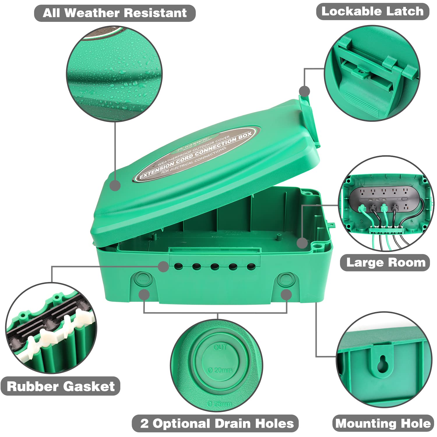 KASONIC – Caja eléctrica grande para exteriores (12.5 x 8.5 x 5 pulgadas) + 2 pequeñas cubiertas de seguridad para cables de extensión para