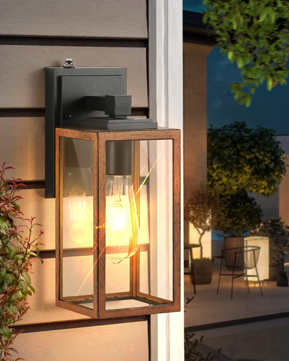 VIANIS Luces de pared del atardecer al amanecer, lámpara exterior de grano de madera, luz de garaje de vidrio transparente, aplique de luces
