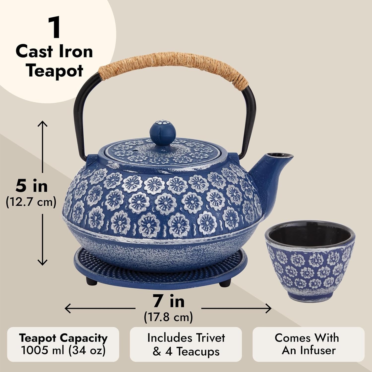 Juvale Juego de 6 teteras japonesas de hierro fundido con infusor, 4 tazas de té y salvamanteles (32 onzas, azul)