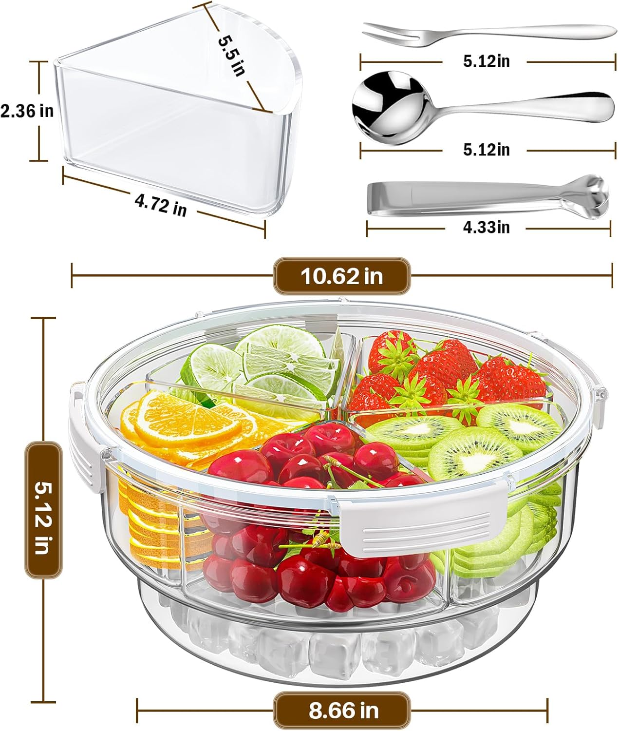 Bandeja de condimentos con 5 cucharas de acero inoxidable, 5 tenedores y 1 clip, bandeja de compartimento con tapa, servidor de condimentos, soporte