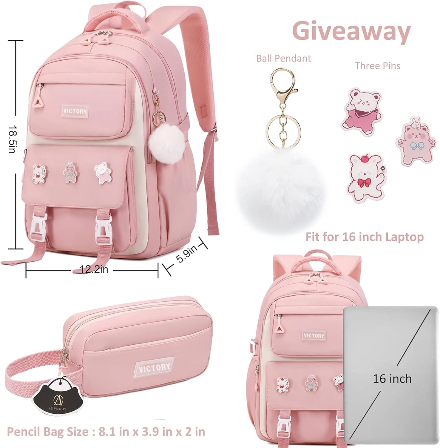 AO ALI VICTORY Mochila para mujeres y niñas, conjunto con estuche para lápices de 15.6 pulgadas, mochila escolar para computadora portátil, mochila