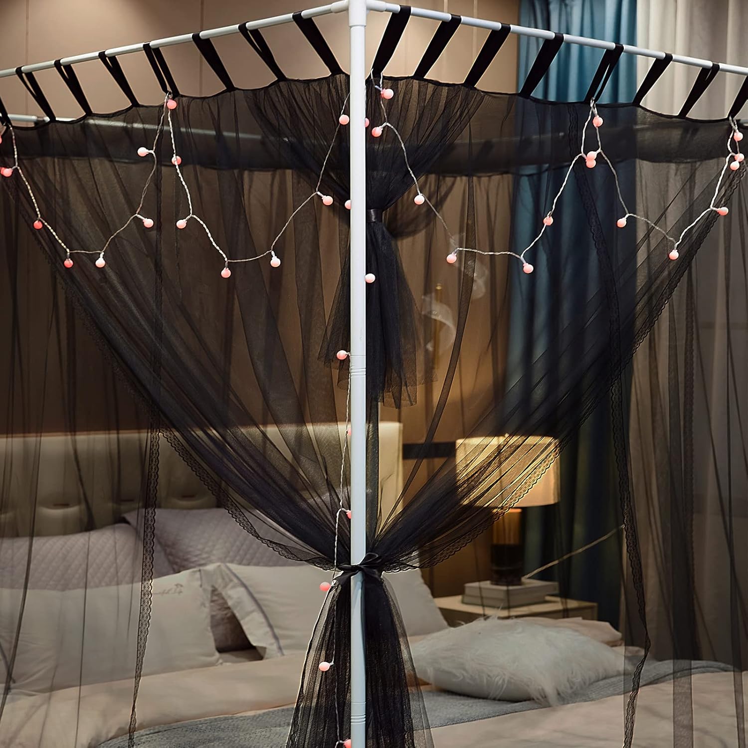 Cortina de 4 esquinas con poste para cama, toldo de mosquitera, para cama Queen y King, elegantes cortinas de cama para niñas y adultos, decoración