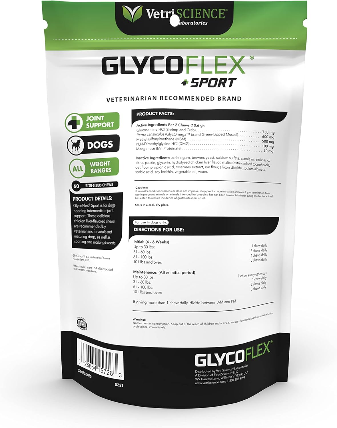 VetriScience GlycoFlex Sport – Suplemento deportivo para cadera y articulaciones para perros, masticables de apoyo articular con mejillón de labios
