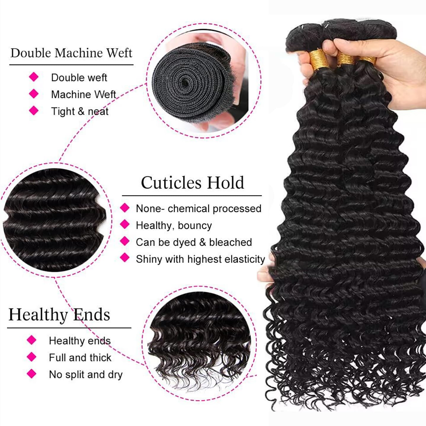 Releek Extensiones de cabello humano ondulado profundo, 3 paquetes de cabello humano ondulado brasileño ondulado de 18, 18, 18, 18 pulgadas, 100%