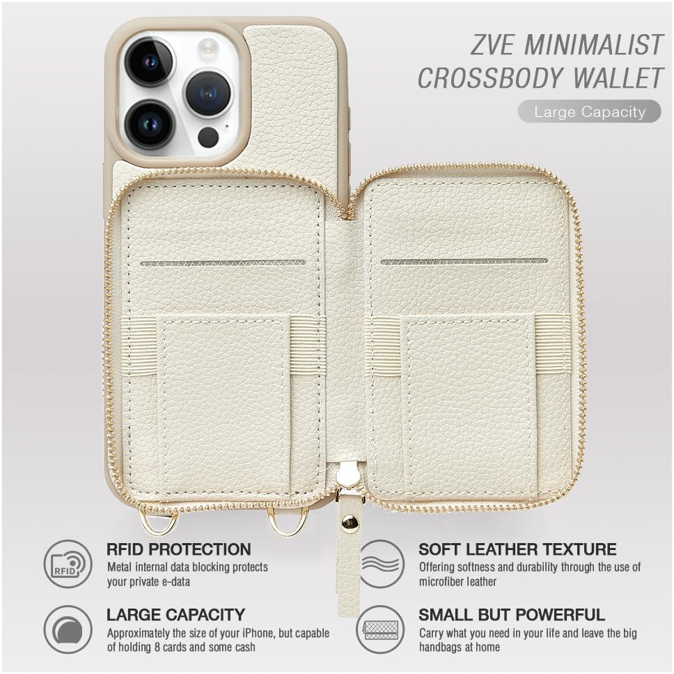 ZVE Funda tipo cartera para iPhone 15 Pro de cuero con pequeña bolsa para llaves de lápiz labial, ranuras para tarjetas de bloqueo RFID, funda con