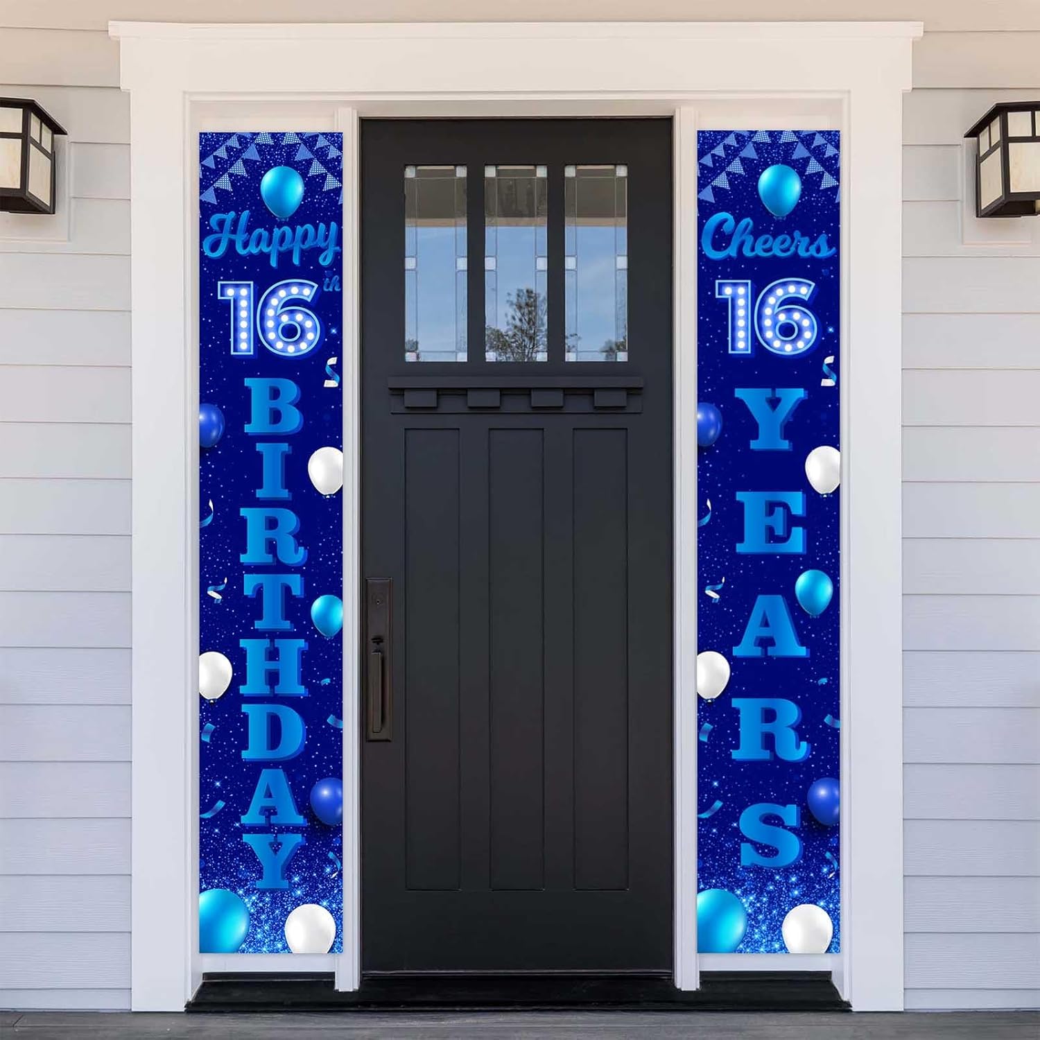 Cartel de feliz cumpleaños número 16, color azul y negro, decoración temática de globos de confeti para niñas de 16 años, decoraciones de fiesta de