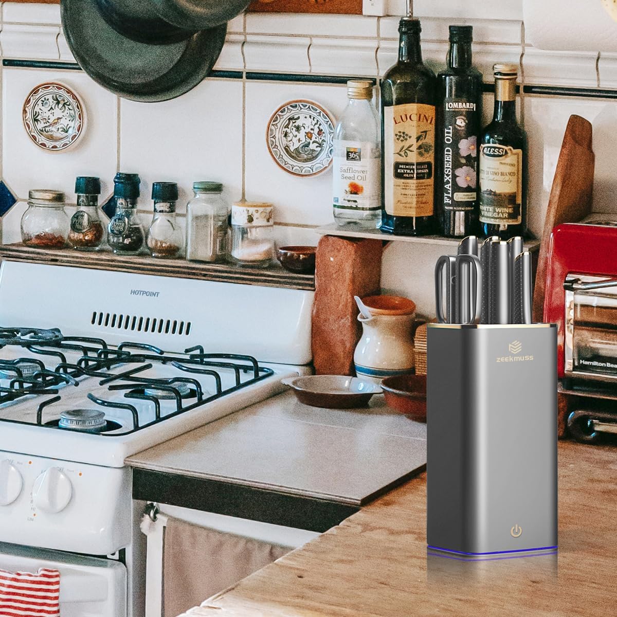 ZEEKMUSS Juego de cuchillos para cocina con bloque, juego de cuchillos de bloque de acero inoxidable de 6 piezas con afilador, tijeras de cocina,