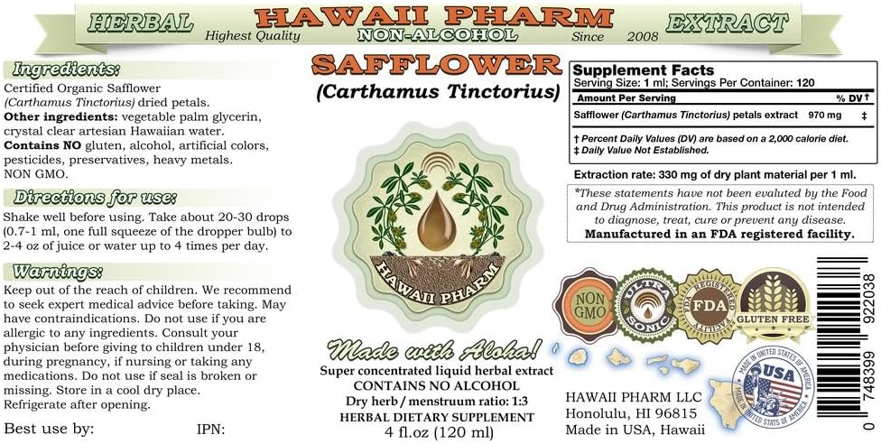 Extracto líquido sin alcohol de cártamo, cártamo (Carthamus Tinctorius) Pétalos secos Glicerita Suplemento herbario 2 oz