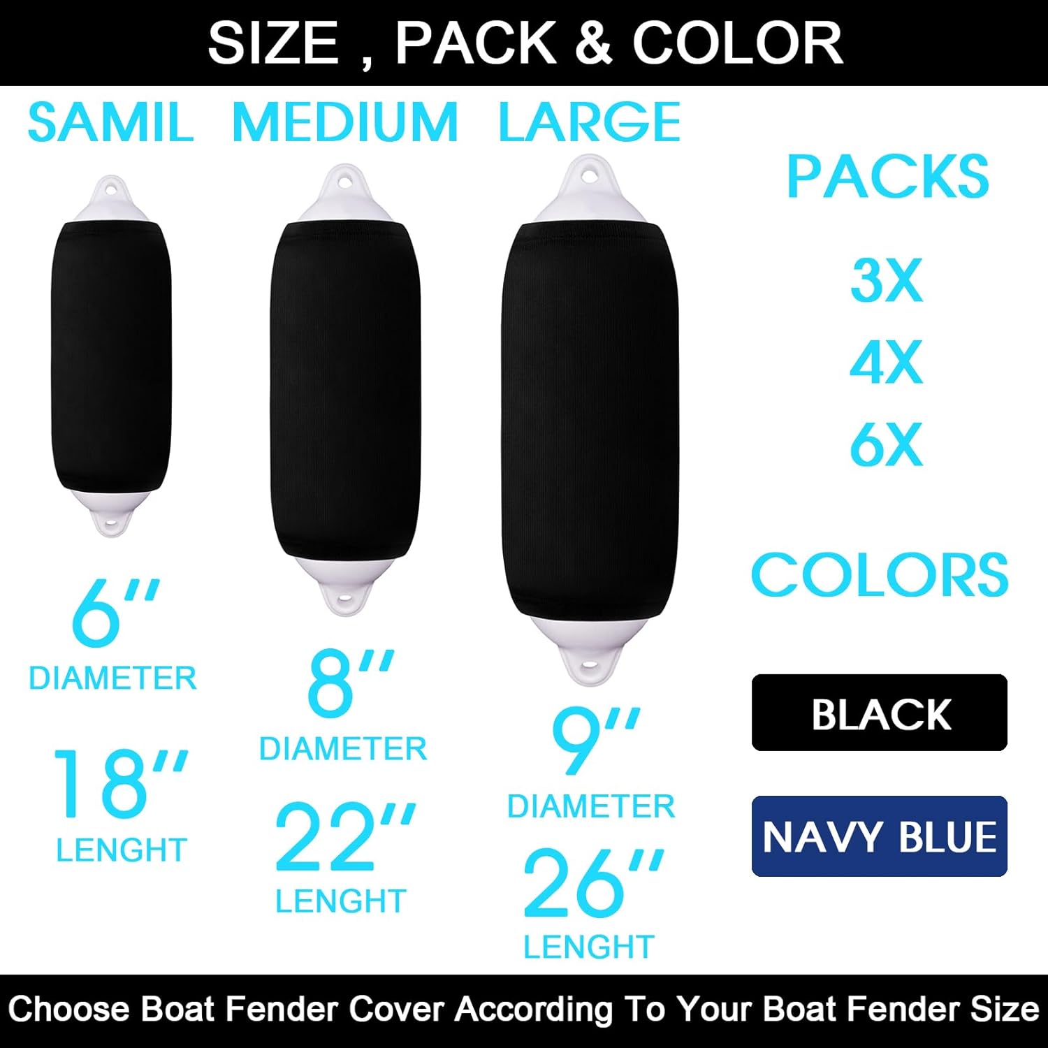 XMK Fundas para guardabarros de barco de 6 x 18 pulgadas, 8 x 22 pulgadas, 9 x 26 pulgadas, fundas de forro polar para guardabarros para parachoques