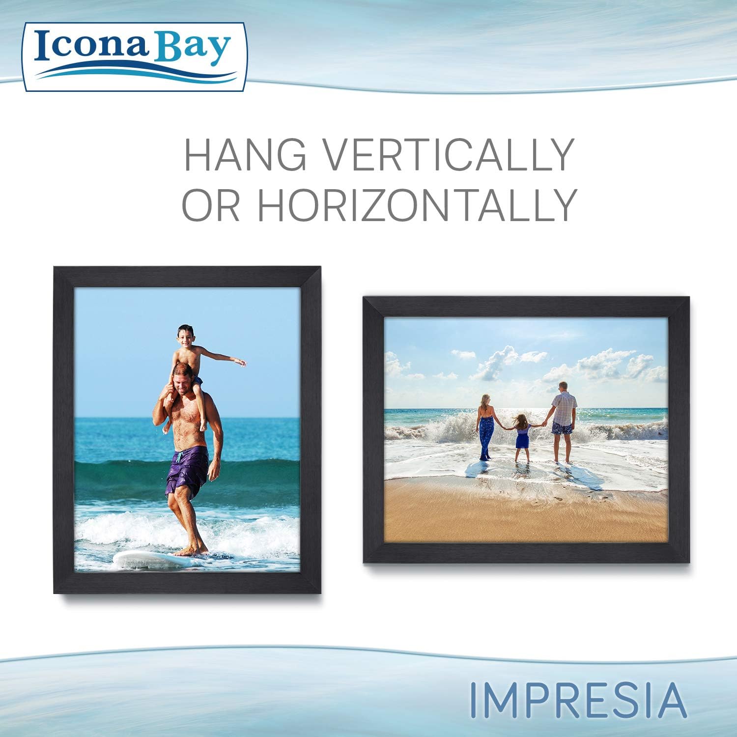 Icona Bay Impresia Collection – Marco de fotos negro de 8 x 10 pulgadas, diseño moderno y simple, soporte de mesa y ganchos para colgar en la pared