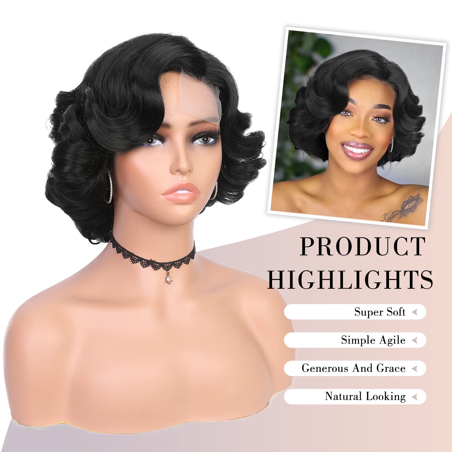 Quantum Love Pelucas cortas y rizadas estilo Bob, peluca de raya lateral suelta para mujeres negras, peluca sintética corta ondulada (10 pulgadas)