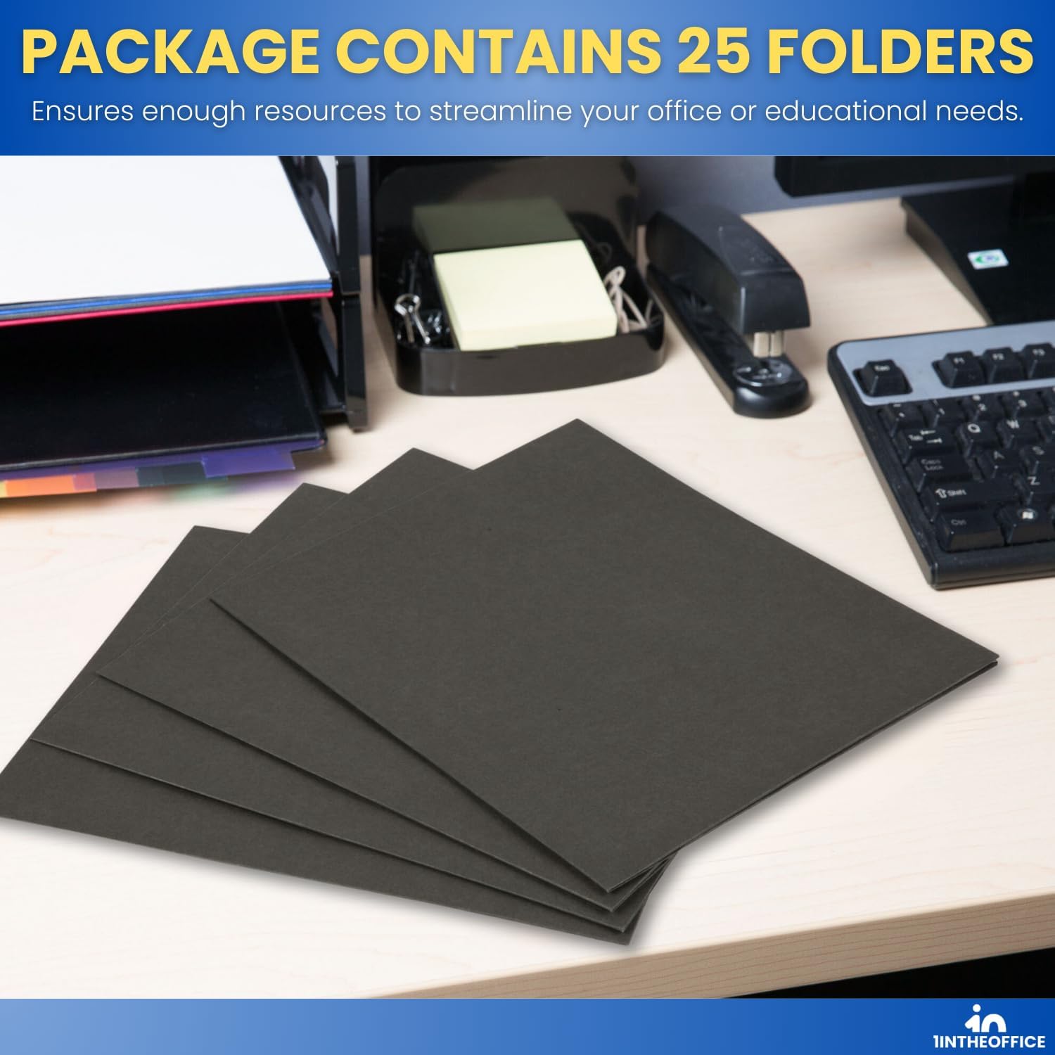 1InTheOffice Carpetas negras con bolsillos, tamaño carta, carpeta de bolsillo de papel en relieve de 2 bolsillos, color negro, 8.5 x 11 pulgadas,