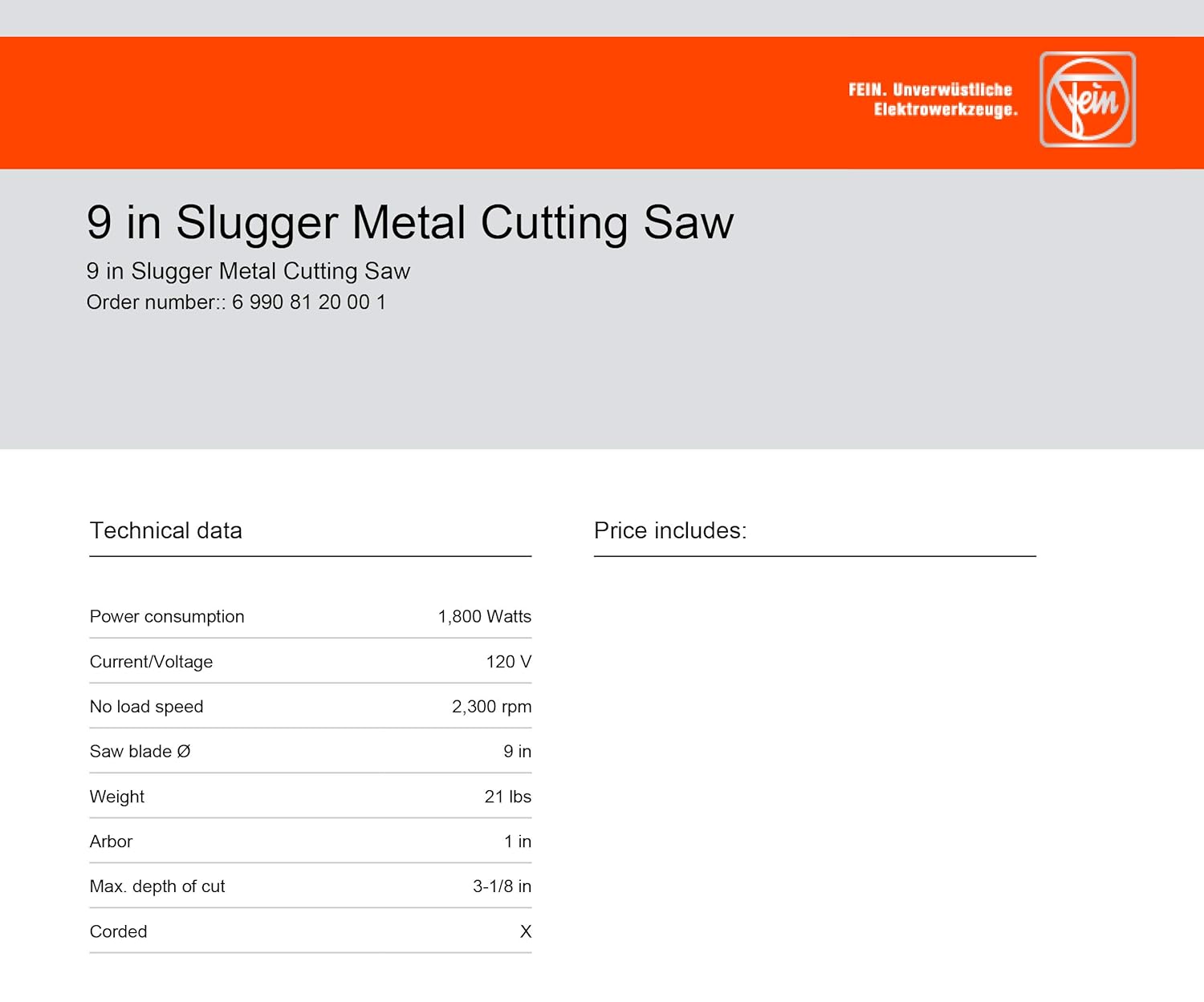 Jancy Slugger by Fein – Sierra de corte de metal de 9 pulgadas – 120 voltios, consumo de energía de 1800 W, velocidad de carga de 2300 RPM –