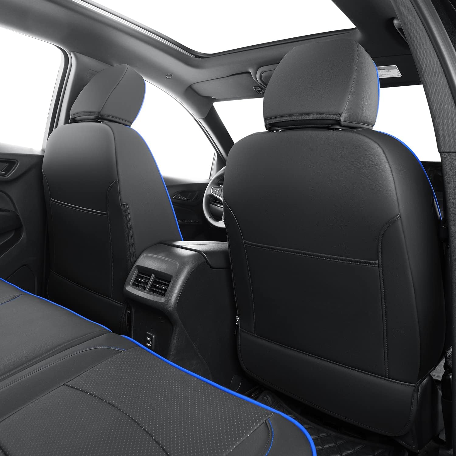 Fundas de asiento de terreno, aptas para GMC Terrain SLE SLT Denali AT4 SL 4dr SUV, piel sintética resistente al agua (juego completo, negro y azul)