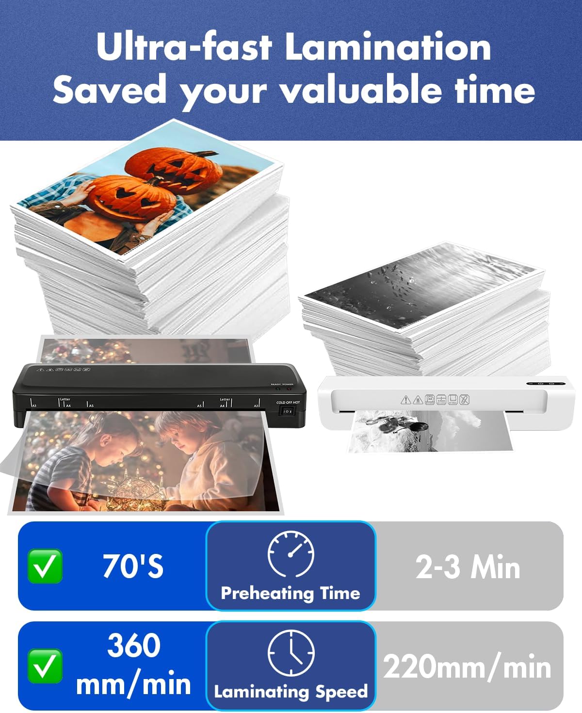 Laminadora A3 Máquina laminadora de 70 segundos de calentamiento rápido, laminador frío y térmico de 13 pulgadas con 20 hojas de laminación, máquina