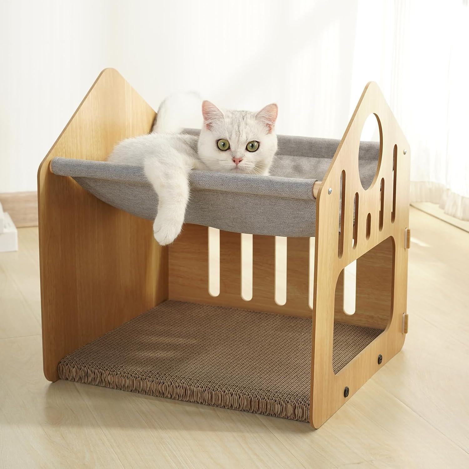 Salón rascador para gatos, 2 en 1, casa para gatos de doble capa con almohadillas rascadoras y cama y hamaca para descansar y moler garras, poste