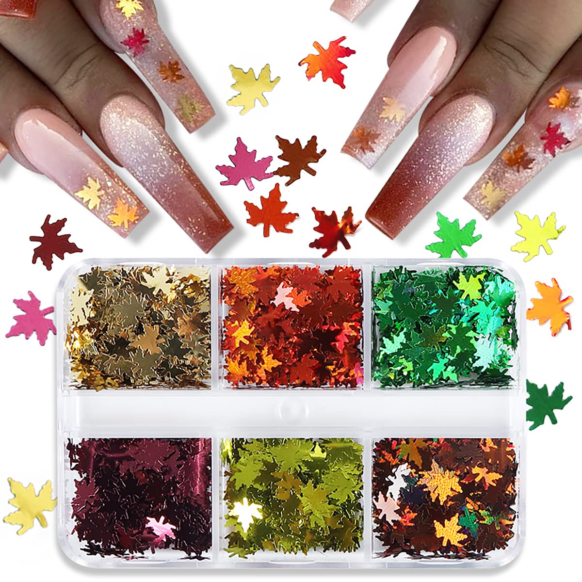 6 rejillas para arte de uñas de otoño, hojas de arce 3D, lentejuelas con purpurina, calcomanías holográficas láser dorado, rojo y verde, hojas con