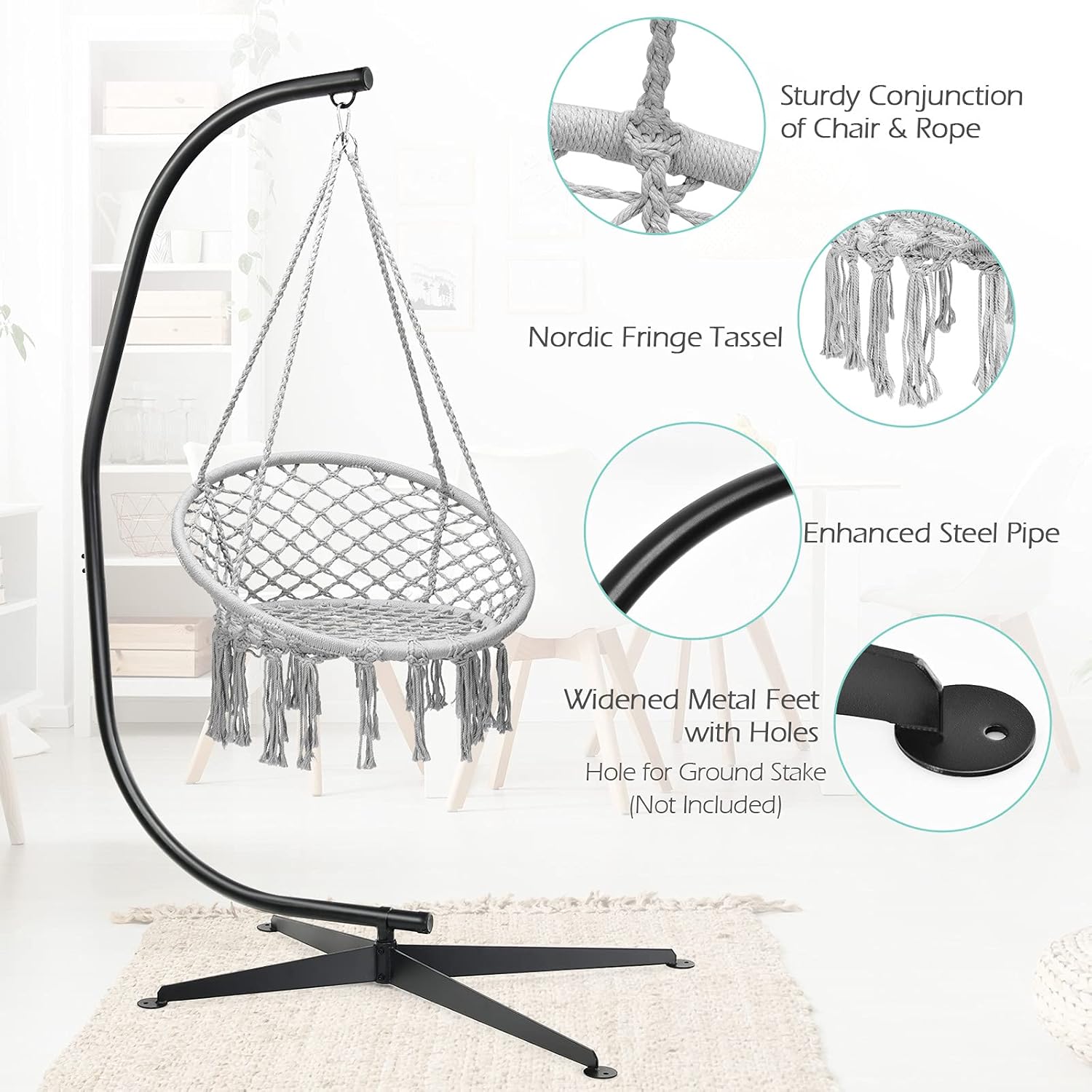 Giantex Hamaca Swing Silla con soporte, cuerda de algodón tejida a mano con soporte de acero sólido resistente C, hamaca colgante al aire libre para