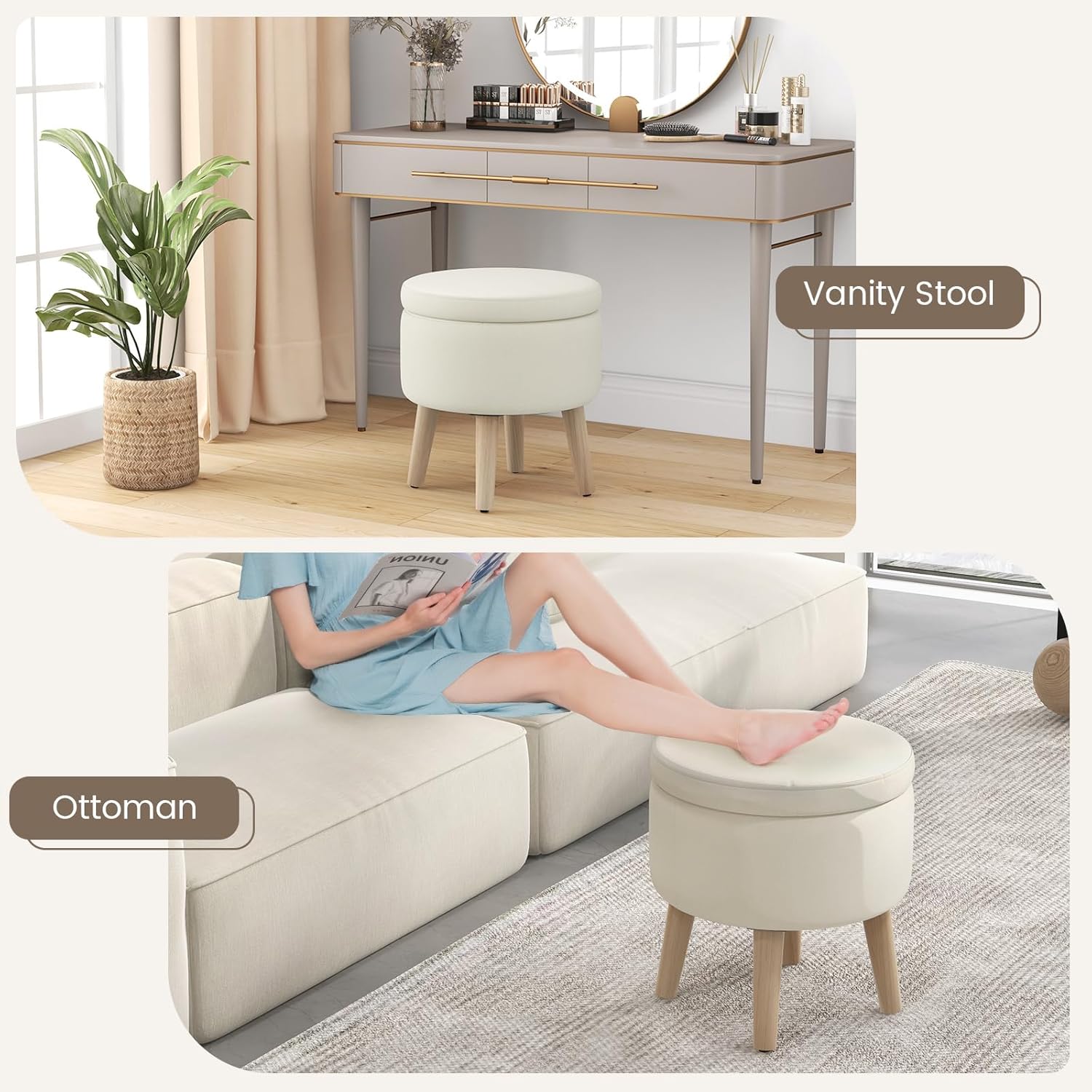GOFLAME Otomana redonda de almacenamiento con tapa abatible, reposapiés tapizado multifuncional con patas de madera de goma maciza, taburete de