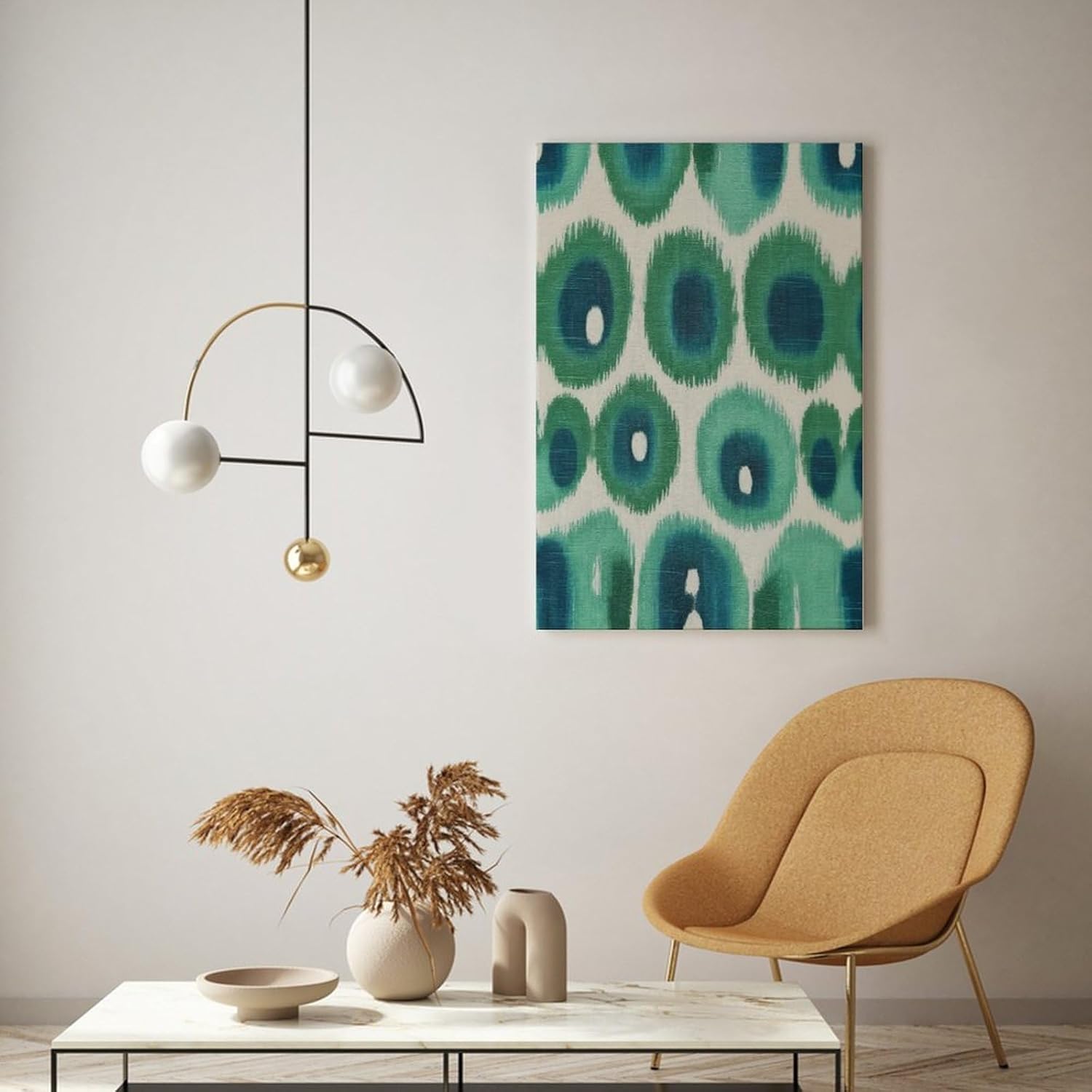 Lienzo decorativo para pared de 16 x 24 pulgadas, estampado de pavo real verde y aguamarina Ikat, arte de pared, tipografía, hogar, oficina,