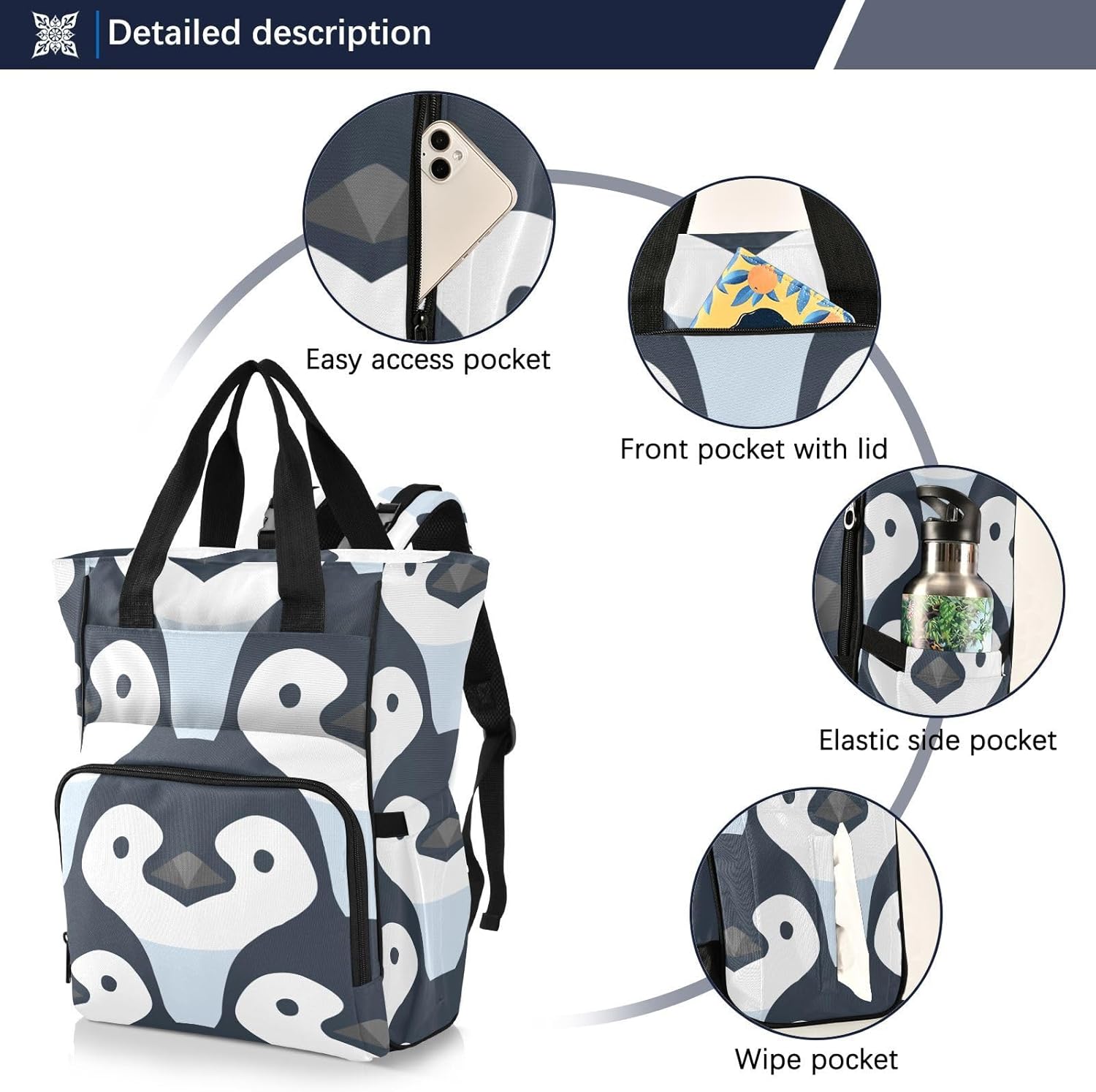 Mochila de pañales de pingüino de dibujos animados para bebés, niños y niñas, multifunción para bebés, bolsa de viaje con correas para cochecito y