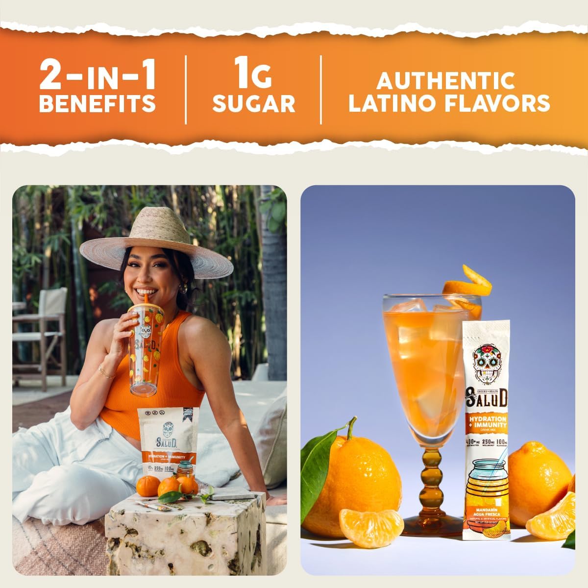Salud – Polvo de electrolitos de hidratación e inmunidad  Mandarina  15 porciones  Mezcla de bebida Fresa Agua Fresca, saúco, sin lácteos y soja,