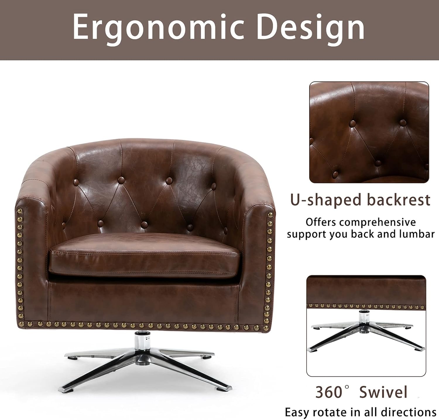 AVAWING Silla decorativa, silla de barril de piel sintética, sillón decorativo con acolchado suave y base de metal, silla moderna de mediados de