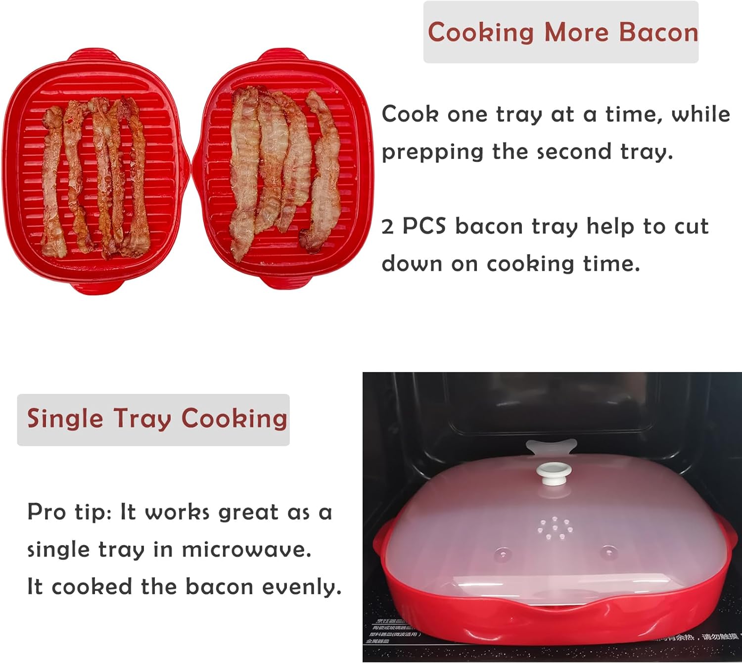 Máquina de tocino fácil para microondas, 2 bandejas para parrilla de tocino, olla de tocino con tapa para salpicar, haz tocino crujiente en minutos