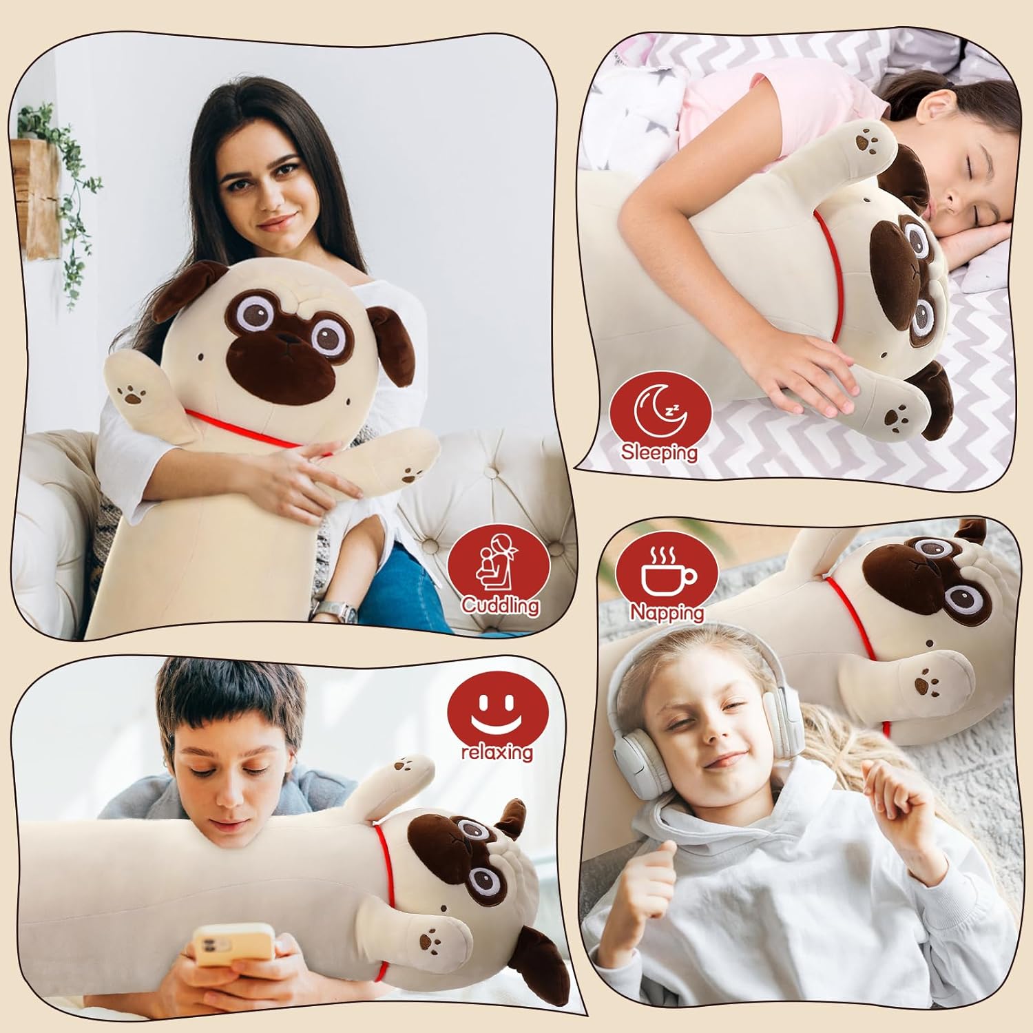 Karister Peluche de perro carlino gigante para niños de 43 pulgadas de largo, almohada corporal de felpa para cachorro, lindo regalo para amantes de