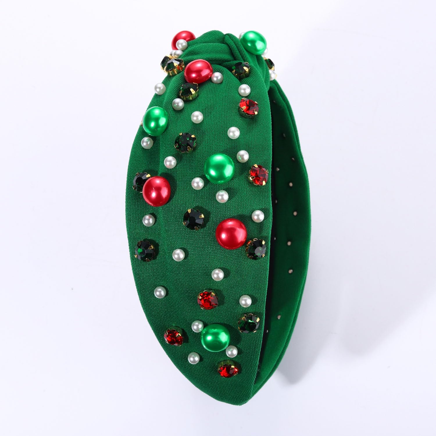 Diadema anudada con perlas de Navidad para mujer, color rojo y verde, perla con diamantes de imitación, diadema elegante de nudo ancho, accesorios