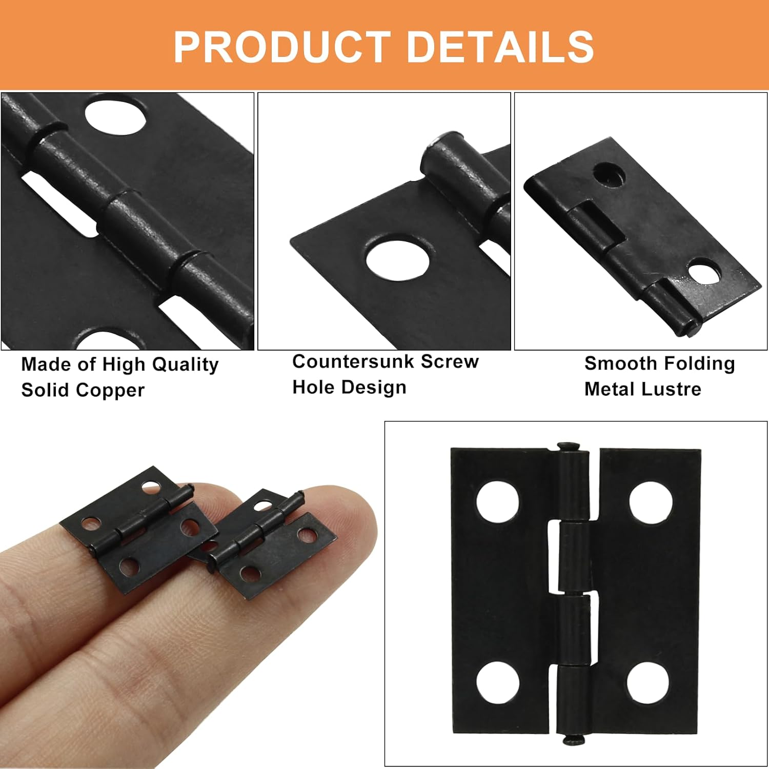 Zorveiio 50 bisagras pequeñas, bisagras pequeñas de 0.73 x 0.59 pulgadas, bisagras negras mate, pequeñas bisagras con caja de almacenamiento,