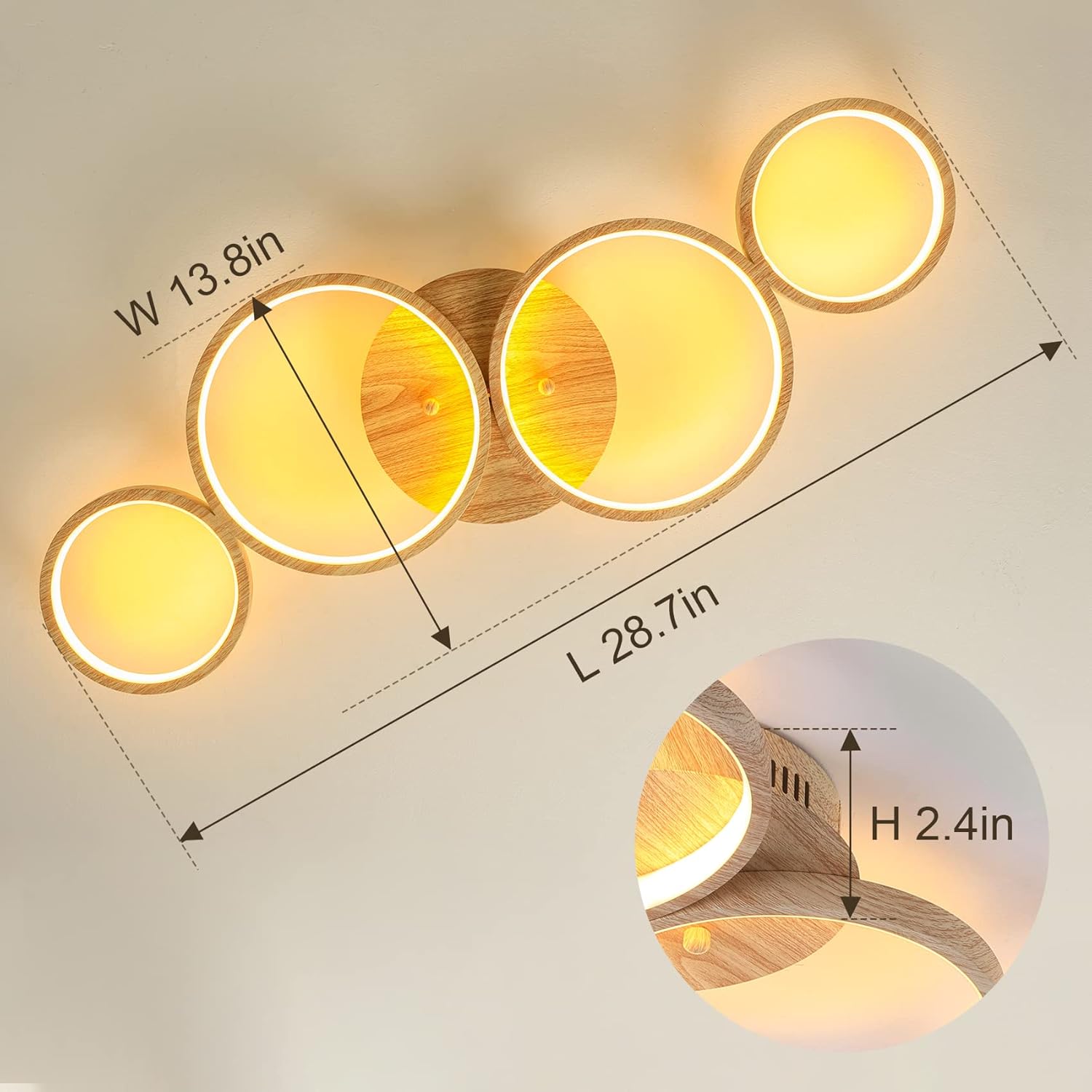 Lámpara de techo LED de madera, montaje empotrado, 48 W, 3840 lm, 4 anillos, lámpara de techo para sala de estar, dormitorio, comedor, 3 colores, L