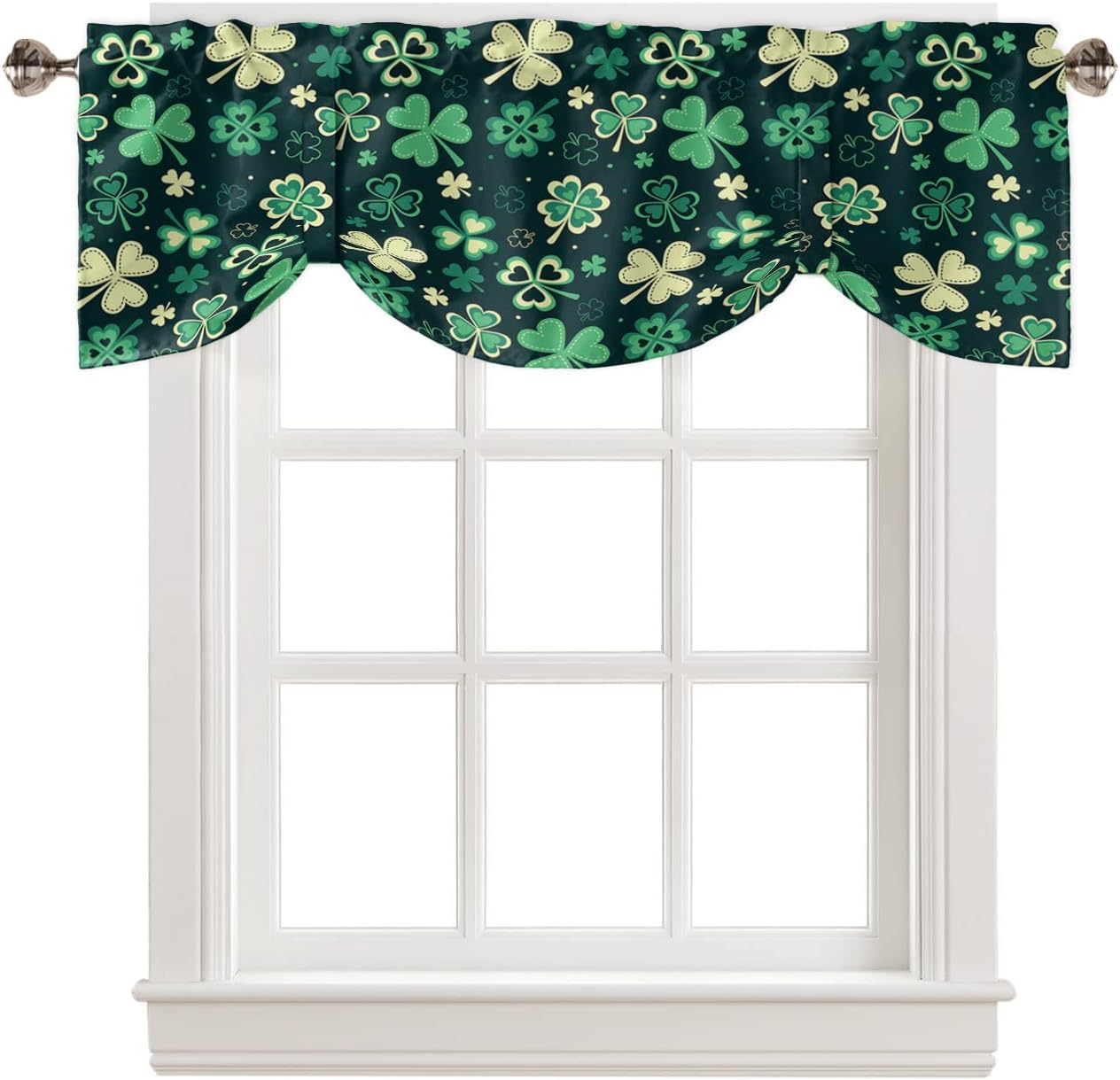 Cenefa de amarre con tréboles retro del día de San Patricio para ventanas de cocina, cenefas ajustables de tréboles de la suerte verde bosque