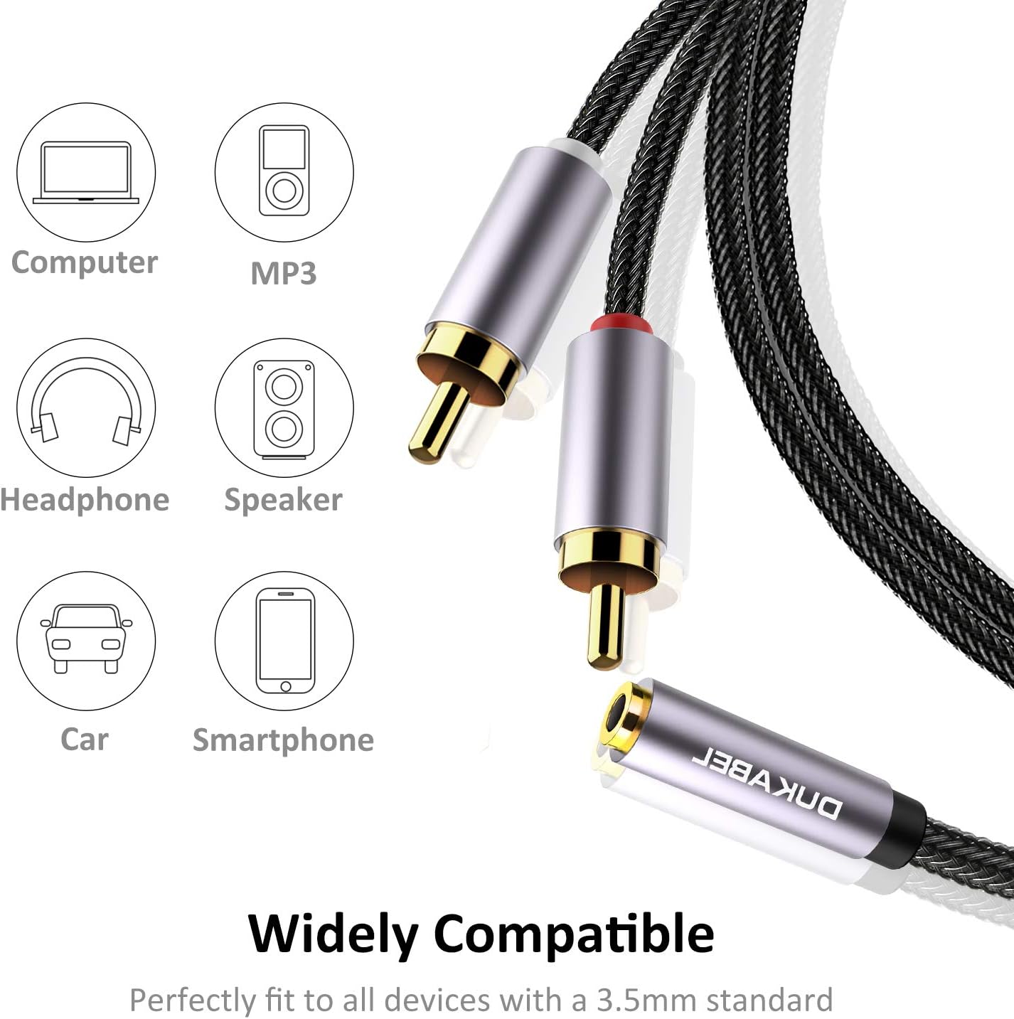 DUKABEL Adaptador estéreo hembra de 0.138 in a 2 RCA, conector de audio estéreo de 0.138 in a 2 conectores RCA macho a auriculares 3.5 Y cable