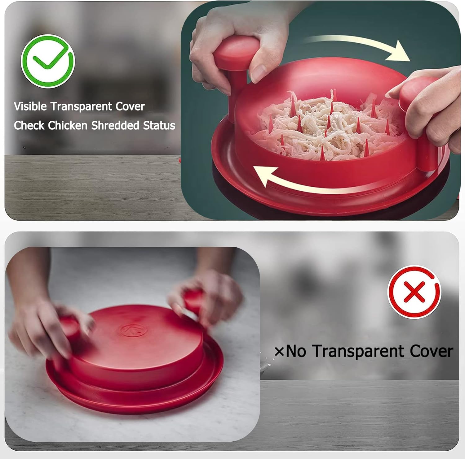Trituradora de pollo, trituradora de carne Pro con cubierta transparente visible y base antideslizante para pechuga de pollo, cerdo y carne de res,