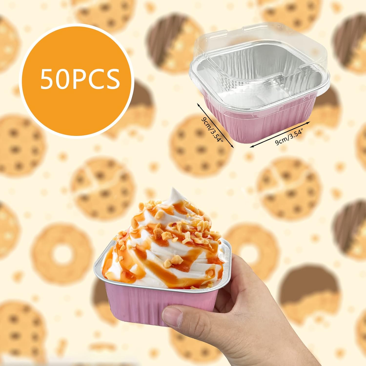 50 tazas cuadradas de papel de aluminio para hornear con tapas, moldes desechables de 5 onzas para tartas, recipientes para hornear cupcakes para
