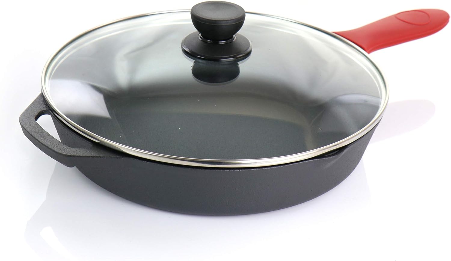 MegaChef Sartén con tapas pre-sazonadas, juego de 9 piezas, negro, rojo