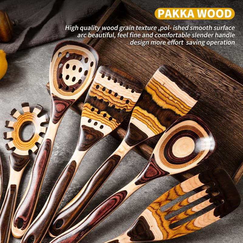 Gudamaye Juego de utensilios de madera de Pakkawood marrón de 7 piezas, resistentes, ecológicos, cuchara de madera para cocinar, utensilio de madera