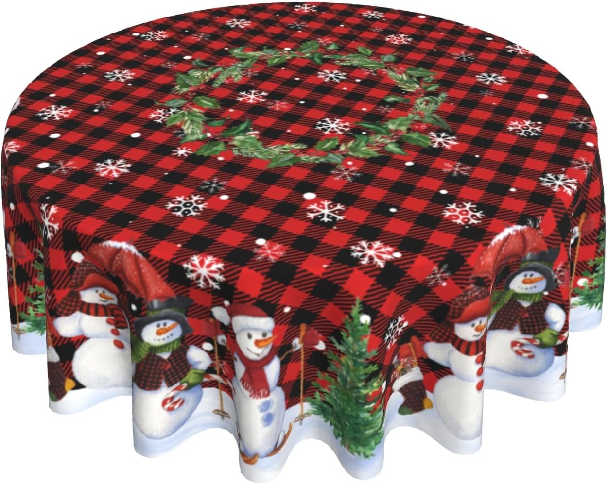 Giwawa Mantel redondo de muñeco de nieve de 60 pulgadas, diseño de copos de nieve de invierno, mantel con diseño de búfalo rojo y negro, con bayas